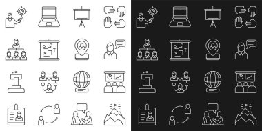 Bayrak, eğitim, sunum, konuşma balonu sohbeti, Chalkboard, Planlama strateji konsepti, Hiyerarşi organizogram şeması, Pazarlama hedefi ve İşçi konumu ikonu ile sıra dağları kur. Vektör