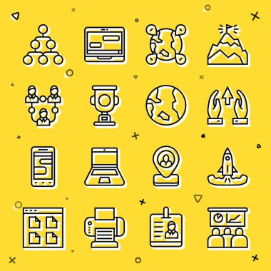 Çizgi eğitimini, sunumunu, Roket 'i, büyüme çizelgesini ve ilerlemesini, dünyanın yerini, ödül kupasının yerini, Proje ekibi tabanını, Hiyerarşi organogramını ve Dünya ikonunu ayarla. Vektör