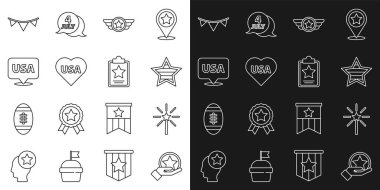 ABD Bağımsızlık Günü, Havai fişek, Yıldız Amerikan Ordusu, bayraklı ve ikonlu karnaval çelengi. Vektör