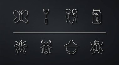 Hattı Kelebek, Sivrisinek, Ateşböcekleri, Arıcı şapkası, Böcek geyiği, Sinek Ezici ve Hamamböceği ikonu. Vektör