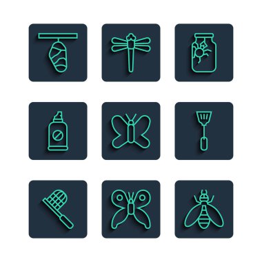 Kelebek ağı, Arı, Kavanozdaki Örümcek, Böceklere karşı sprey, Koza ve Sinek ikonu. Vektör