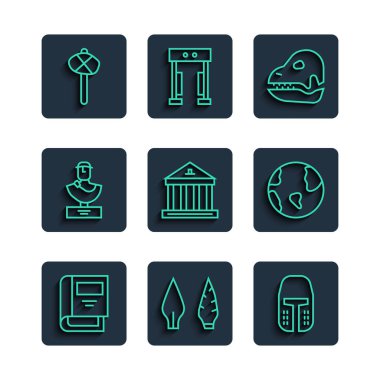 Tarih kitabı, taş devri ok başı, ortaçağ demir miğferi, dinozor kafatası, müze binası, Antik büst heykeli, çekiç ve dünya küresi ikonu. Vektör