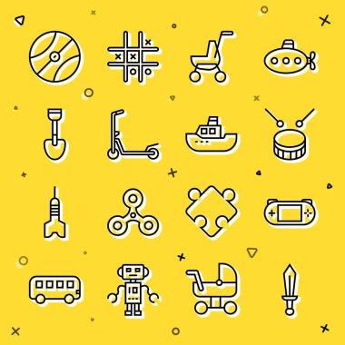 Set hattı Kılıç oyuncağı, taşınabilir video oyun konsolu, bagetli davul, bebek arabası, Scooter, Kürek, Basketbol topu ve oyuncak tekne ikonu. Vektör