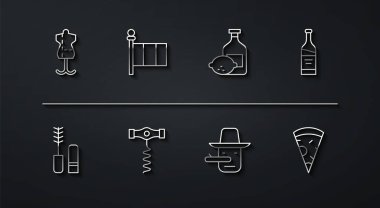 Set hattı Mannequin, Mascara fırçası, bir şişe şarap, Pinokyo, şarap tirbuşonu, bayrak İtalya, dilim pizza ve limoncello şişe ikonu. Vektör