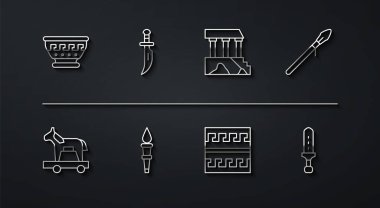 Antik Yunan kasesi, Truva atı, ortaçağ mızrağı, antik desen, meşale ateşi, hançer, kılıç ve Parthenon ikonu. Vektör