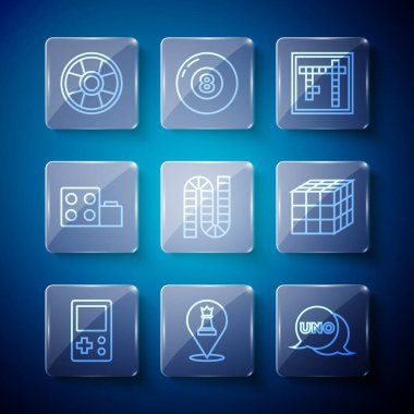 Tetris, Chess, Uno kart oyunu, Bingo, board, Toy yapı taşı tuğlaları, Casino çipi ve Rubik küp simgesi. Vektör