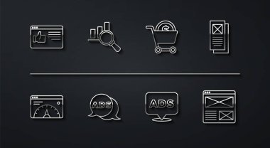 Satır Tarayıcı penceresi, Web sitesi istatistiği, Reklamcılık, büyüteç ve analiz ve alışveriş arabası dolar ikonu ayarla. Vektör