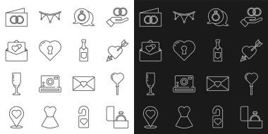 Elmas nişan yüzüğü, kalp şeklinde balon, oklu aşk, kalp deliği, tebrik kartı ve şampanya şişesi ikonu. Vektör