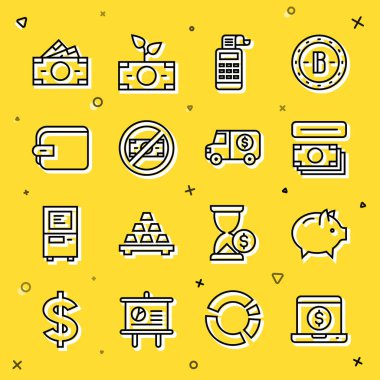 Dizüstü bilgisayarı dolar, kumbara, ATM ve para, yazar kasa, cüzdan, kağıt para ve zırhlı kamyon ikonu ile ayarla. Vektör