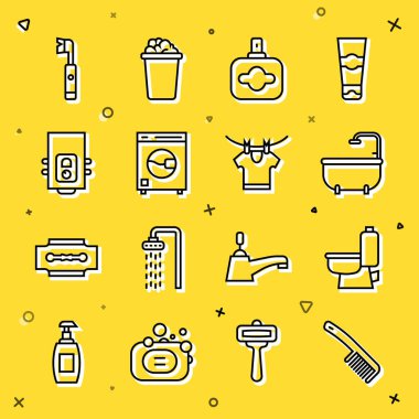 Saç fırçası, klozet, küvet, parfüm, çamaşır makinesi, gaz kazanları, elektrikli diş fırçası ve kurutma ikonu. Vektör