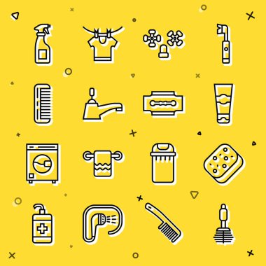 Sıra sıra tuvalet fırçası, sünger, diş macunu tüpü, su musluğu, saç fırçası, temizlik spreyi şişesi ve jilet ikonu. Vektör