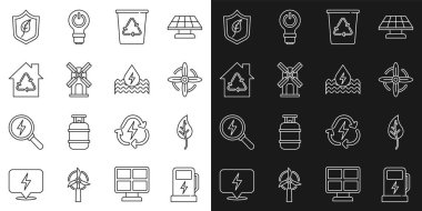 Elektrikli araba şarj istasyonu, yaprak ya da yapraklar, rüzgar türbini, geri dönüşümlü geri dönüşümlü geri dönüşüm, Eco House geri dönüşümü, kalkan yaprağı ve su enerji ikonu. Vektör