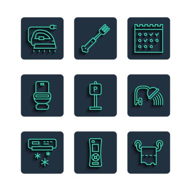 Hattı ayarlayın, klima, uzaktan kumanda, tuvalet kağıdı rulosu, otel rezervasyon takvimi, park yeri, kase, elektrik ütüsü ve duş başlığı ikonu. Vektör