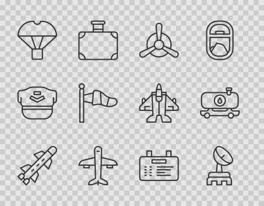 Rocket, Radar, Uçak Pervanesi, Paraşütle uçan Kutu, Koni Meteoroloji Rüzgarlığı, Havaalanı tahtası ve Yakıt Tankeri ikonu. Vektör
