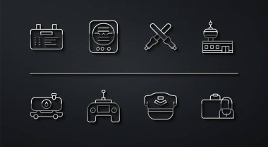 Havaalanı panosu, yakıt tankeri, kontrol kulesi, pilot şapkası, uzaktan kumanda, tutum göstergesi, bavul ve marshalling asaları simgesi. Vektör