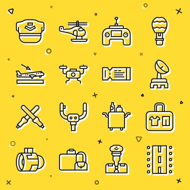 Havaalanı pistini, bavulu, radarı, uzaktan kumandayı, uçuşu, uçak inişini, Pilot şapkasını ve uçak biletini ayarlayın. Vektör