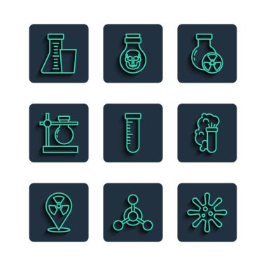 Radyoaktif hattı, molekül, bakteri, test tüpü radyasyonu, matara, stand ve kimyasal patlama ikonu olarak ayarlayın. Vektör