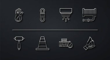 Yangın yok, itfaiyeci baltası, hortum makarası, yanan binalarda, trafik konisi, tırmanma ipi, el ele tutuşma ve duman alarmı ikonu. Vektör