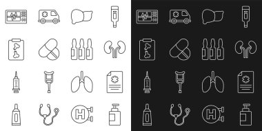 El dezenfektanı şişesi, klinik kayıtları, insan böbrekleri, organ ciğeri, ilaç tableti, röntgen çekimleri, kardiyogram ve tıbbi tüplü monitör, ampul ikonu. Vektör