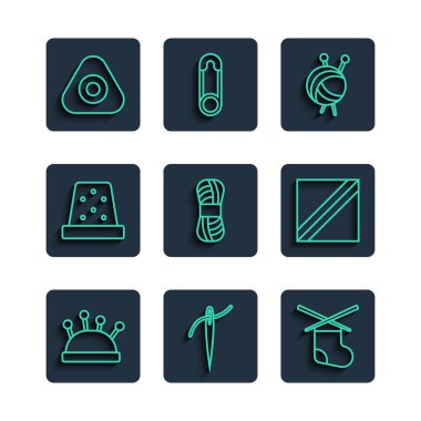 İğne iplik, örgü, iplik topu örgü, dikiş dikmek için yüksük, tebeşir ve kumaş rulo ikonu ile iğne ve iğne yapın. Vektör