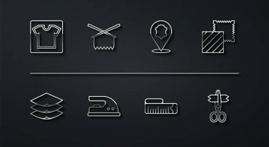 Çizgi dikiş kalıbı, katmanlar, tekstil kumaş rulosu, bant ölçüsü, elektrikli demir, örgü iğneleri, makas ve deri ikonu. Vektör