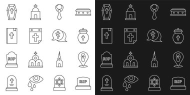 Rip yazılı Tombstone, Tabut haçı, Cenaze Vazosu, Kravat, Takvim ölümü, Kutsal İncil kitabı ve Mezar ikonu. Vektör