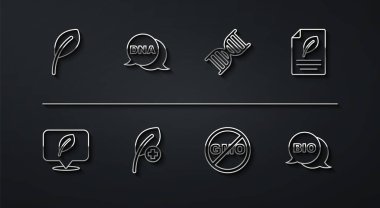 Yaprak ya da yapraklar, yapraklı konum, eko kağıdı, GDO yok, DNA sembolü, biyosağlıklı yiyecek ve ikon. Vektör