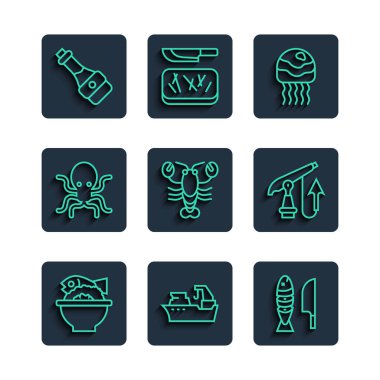 Dilimlenmiş parçalarla, denizanası, ıstakoz, ahtapot, soya sosu şişesi ve zıpkın ikonu ile servis edilen bir kasede servis edilmiş balık. Vektör