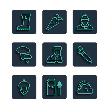 Palamut, bal kavanozu ve dipper çubuğu, güneş bulutu havası, sonbahar giysileri, su geçirmez lastik bot, mantar ve şemsiye ikonu. Vektör