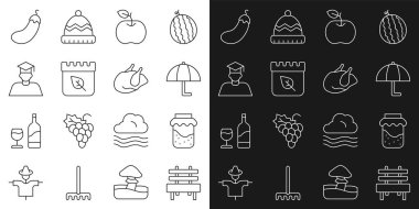 Bench, Jam Jar, Umbrella, Apple, Sonbahar yapraklı takvim, Mezuniyet ve mezuniyet şapkası, Patlıcan ve Kızarmış Hindi veya Tavuk ikonu. Vektör