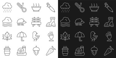 Sabit hat havuç, sıcak şarap, su geçirmez bot, sıcak çorba, kirpi, rüzgarlı hava, yağmurlu bulut ve Bench ikonu. Vektör