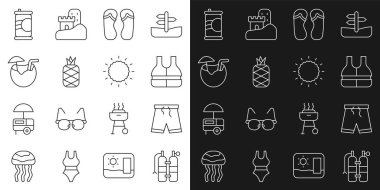 Set hattı Aqualung, yüzme şortu, can yeleği, terlik, ananas, hindistan cevizi kokteyli, soda kutusu ve güneş ikonu. Vektör