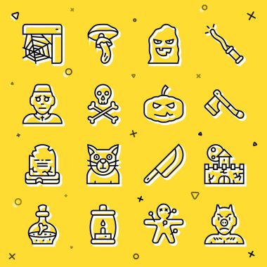 Krampus, lanet kale, kale, tahta balta, komik ve korkunç hayalet maskesi, çapraz kemikli kafatası, rahip, örümcek ağı ve balkabağı ikonu. Vektör