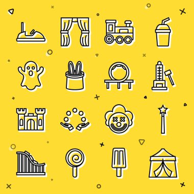 Sirk çadırı, sihirli değnek, çekiçli Striker cazibesi, oyuncak tren, sihirli tavşan kulakları, Ghost, Bumper Car ve lunapark treni ikonu. Vektör