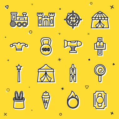 Sirk bileti, lolipop, atlıkarınca, hedef sporu, ağırlık, zilli soytarı şapkası, oyuncak tren ve sallanan uçak ikonu. Vektör