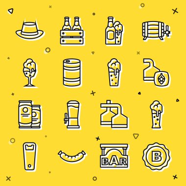 Bira şişesi kapağı, bira demleme işlemi, şişe ve cam, metal fıçı, Oktoberfest şapkası ve ikon. Vektör