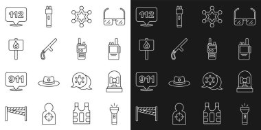 Flashlight, Flasher Sireni, Telsiz Telsizi, Hexagram Şerifi, Polis kauçuk copu, Protesto, Telefon çağrısı 112 ve ikon. Vektör