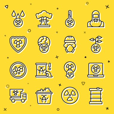 Namluya radyoaktif atık, nükleer laptop, Meteoroloji termometresi, Dünya gezegeni ve radyasyon, kalkan, asit yağmuru radyoaktif bulut ve reaktör işçisi ikonu yerleştirin. Vektör