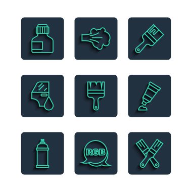 Çizgi boya spreyi, RGB, fırça, araba boyası, boya, guaj, kavanoz, palet simgesi ile boya ve tüp. Vektör