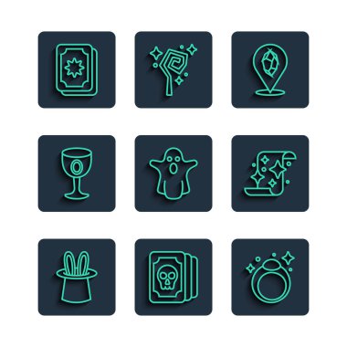 Sihirbaz şapkası ve tavşan kulakları, Tarot kartları, taş yüzük, Hayalet, Ortaçağ kadehi ve parşömen simgesi. Vektör