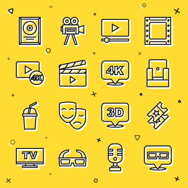 3D sinema gözlüğü, sinema bileti, sandalye, Online oyun videosu, Film alkışcısı, 4K ile Screen TV, CD disk ödül çerçevesi ve Ultra HD simgesi. Vektör