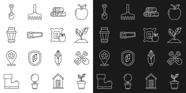 Establecer línea Planta en maceta, Pala y rastrillo, troncos de madera, sierra de mano, lámpara de luz de jardín, y Apple el icono del saco. Vector — Archivo Imágenes Vectoriales