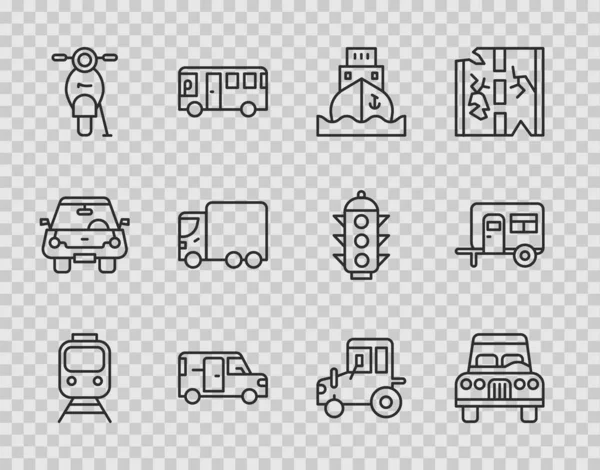 Establecer línea de tren y ferrocarril, Coche, Buque de carga, Minibús, Scooter, Entrega de camiones de carga, Tractor y Rv Camping icono del remolque. Vector — Archivo Imágenes Vectoriales