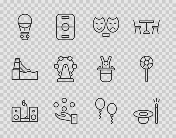 Set line Home stereo with two speakers, Magic hat and wand, Comedy tragedy masks, Juggling ball, Hot air balloon, Ferris wheel, Balloons and Lollipop icon. Vector — 图库矢量图片