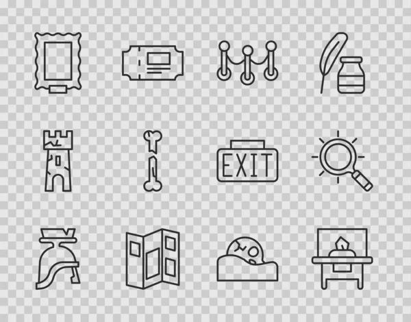 Set line Roman army helmet, Glass showcase for exhibit, Rope barrier, Museum guide brochure, Picture, Human broken bone, skull and Magnifying glass icon. Vector — 图库矢量图片
