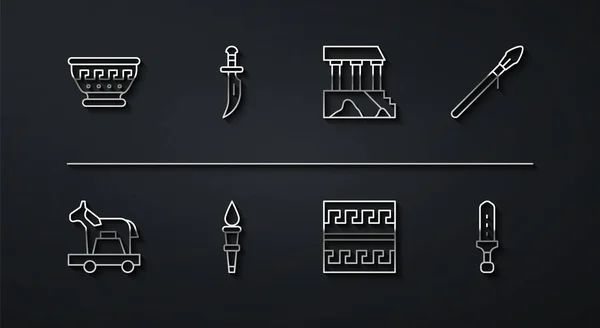 Set line Greek ancient bowl, Trojan horse, Medieval spear, Ancient pattern, Torch flame, Dagger, sword and Parthenon icon. Vector — Stock vektor