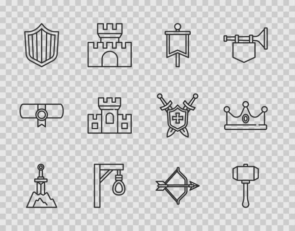 Establecer la línea de espada en la piedra, martillo, bandera medieval, horca, escudo, castillo, fortaleza, arco y flecha y rey icono de la corona. Vector — Archivo Imágenes Vectoriales