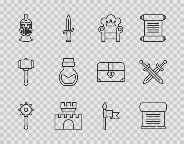 Set line Medieval chained mace ball, Decree, parchment, scroll, throne, Castle, fortress, iron helmet, Poison bottle, spear and Crossed medieval sword icon. Vector — Stock vektor
