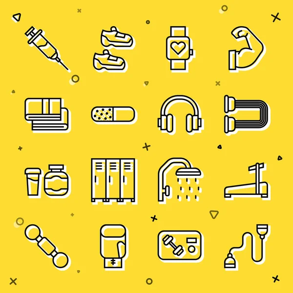 Göğüs açıcı, Koşu bandı, Akıllı saat, Vitamin hapı, Havlu yığını, Doping şırıngası ve Kulaklık ikonu ayarla. Vektör