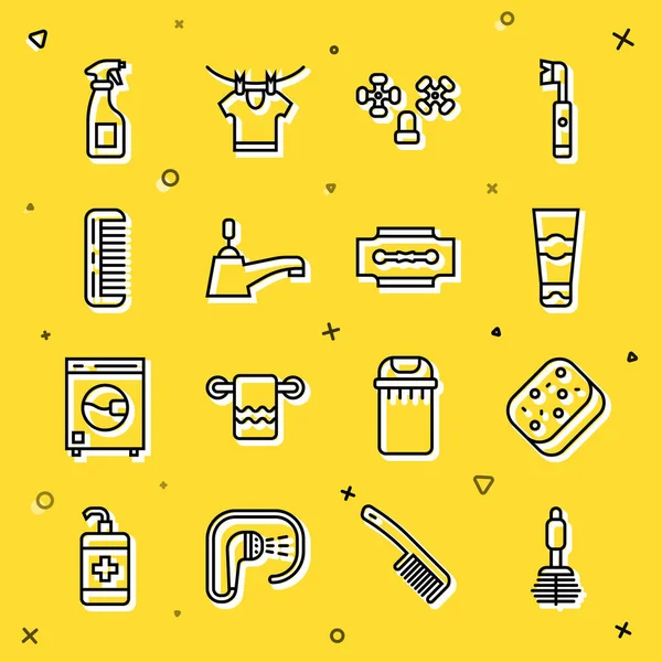 Sıra sıra tuvalet fırçası, sünger, diş macunu tüpü, su musluğu, saç fırçası, temizlik spreyi şişesi ve jilet ikonu. Vektör